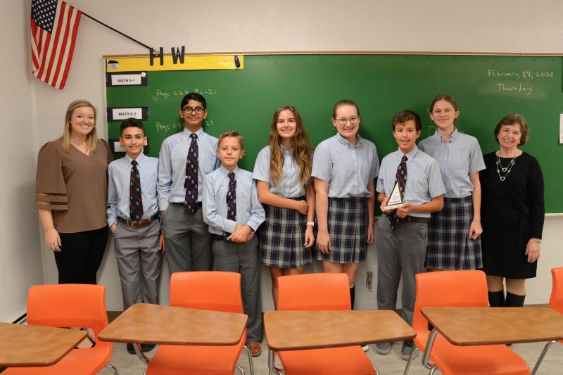 Mathcounts competition team members from Worcester Prep middle school are (l-r) coach and math teacher Hunter Causey; sixth-grader Jude Damouni, Lewes; sixth-grader Ansh Batra, Rehoboth Beach; seventh-graders Aleksey Klimins and Savannah Palmisano, both of Ocean City, Md.; seventh-grader Lydia Schwartz, Salisbury, Md.; eighth-grader Carson Rayne, Willards, Md.; eighth-grader Vanesska Hall, Ocean City; and coach and math teacher Kathy Fahey. SUBMITTED PHOTO